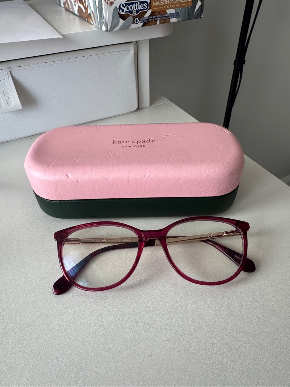 kate spade pink and dark green hard eyeglass case with burgundy frames